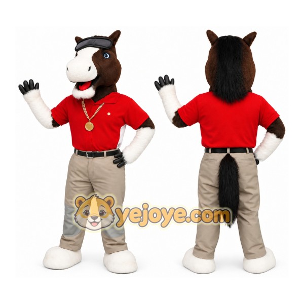 Brown White Horse Red Shirt Mascot Costume