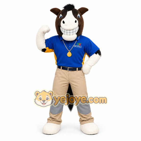 Brown White Horse With Blue Shirt Mascot Costume