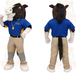 Brown White Horse With Blue Shirt Mascot Costume