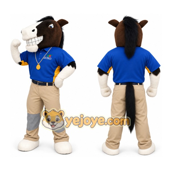 Brown White Horse With Blue Shirt Mascot Costume