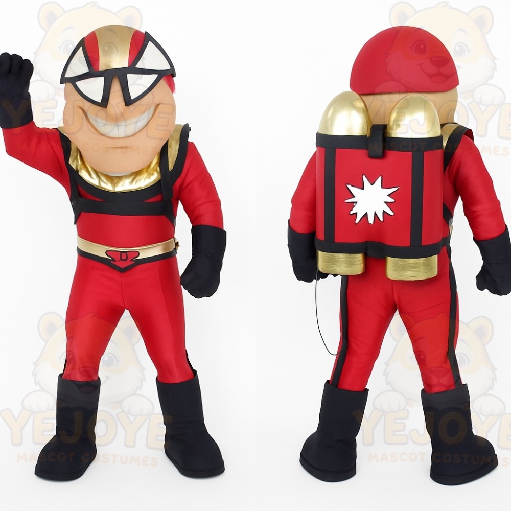 Red Black Gold Jetpack Superhero Mascot Costume