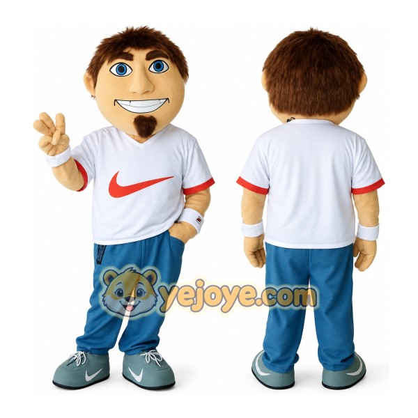 White Blue Brown Haired Athletic Man Mascot Costume