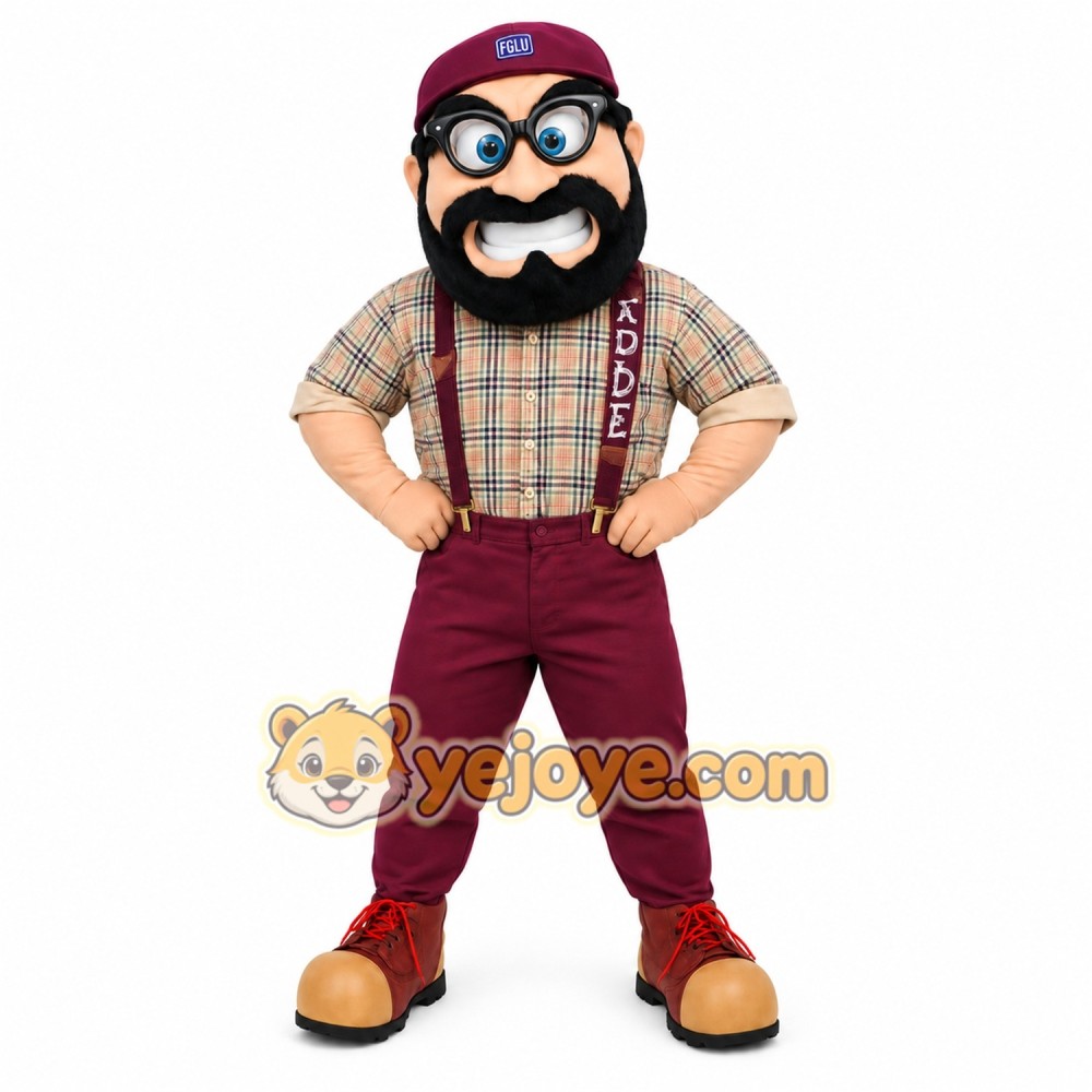 Burgundy Plaid Bearded Nerd Mascot Costume Burgundy Plaid Bearded Nerd Mascot Costume