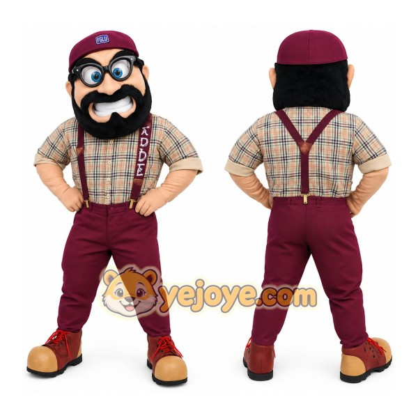 Burgundy Plaid Bearded Nerd Mascot Costume