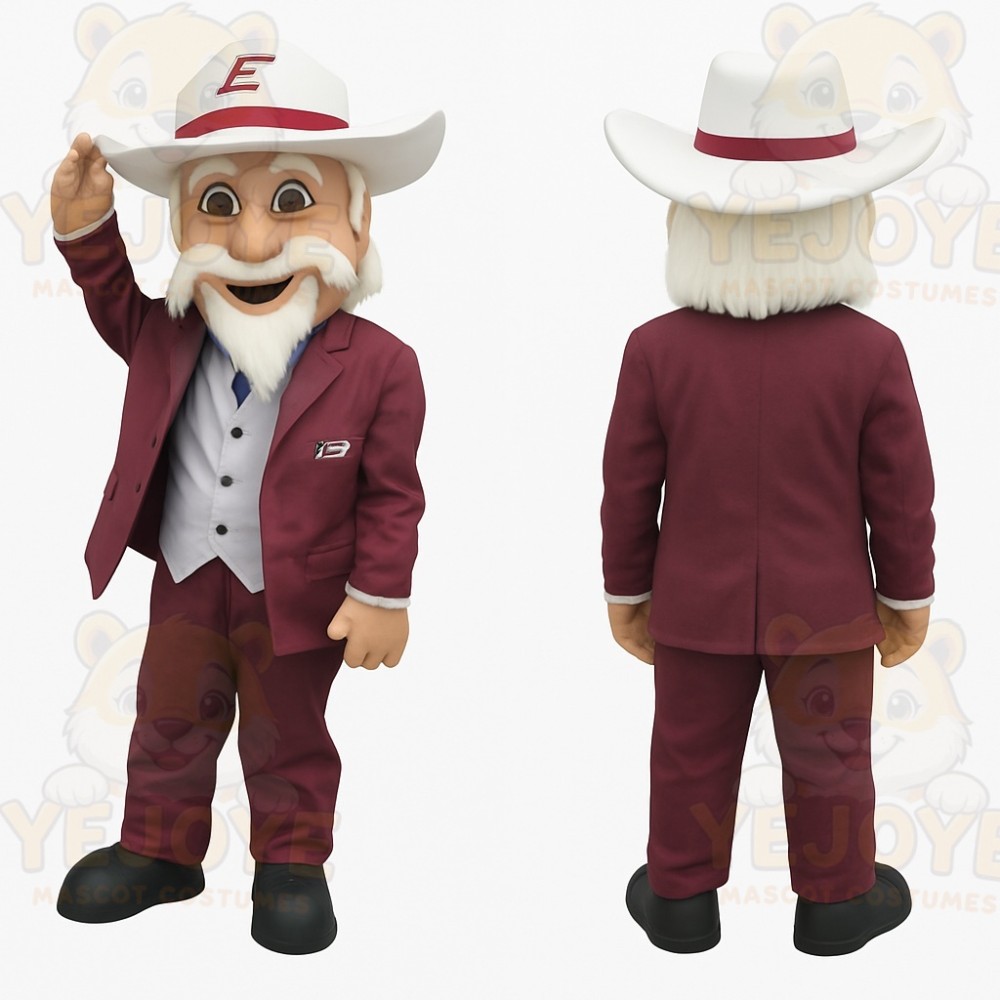 Burgundy White Bearded Cowboy Mascot Costume