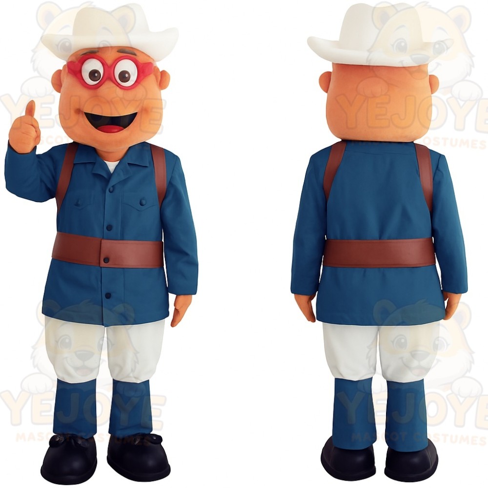Blue White Cowboy With Red Glasses Mascot Costume