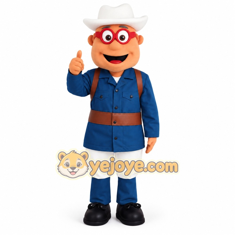 Blue White Cowboy With Red Glasses Mascot Costume