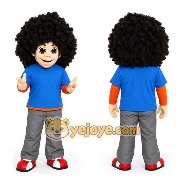Blue Gray Red Black Afro Boy Mascot Costume