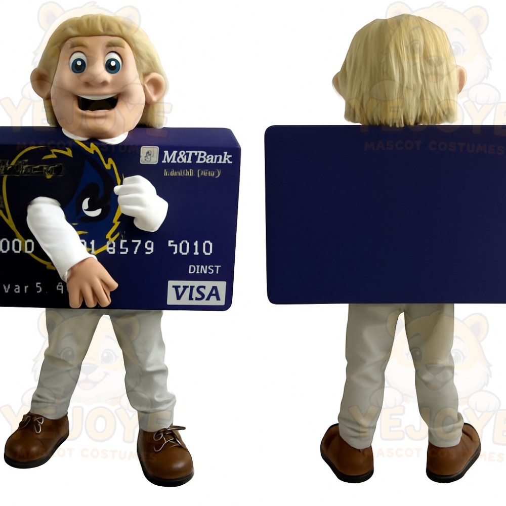 Navy Blue Blond Credit Card Man Mascot Costume