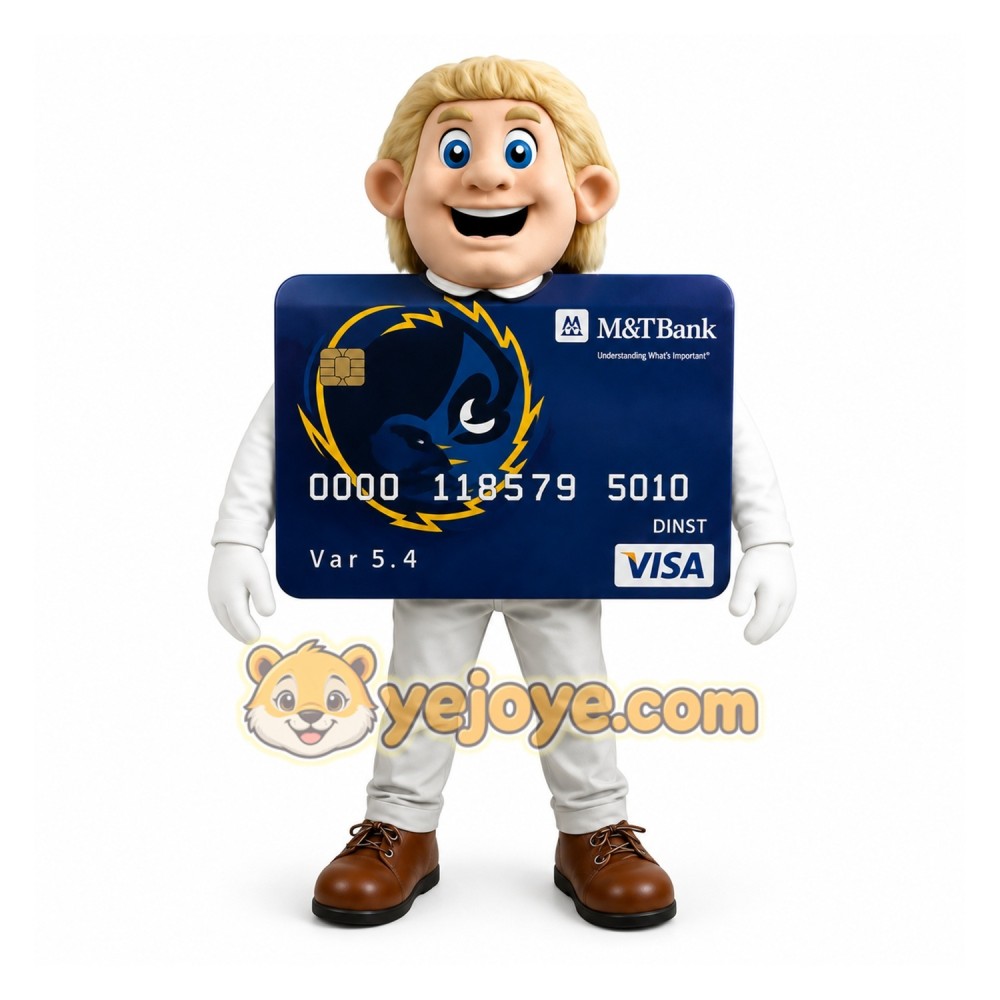 Navy Blue Blond Credit Card Man Mascot Costume Navy Blue Blond Credit Card Man Mascot Costume