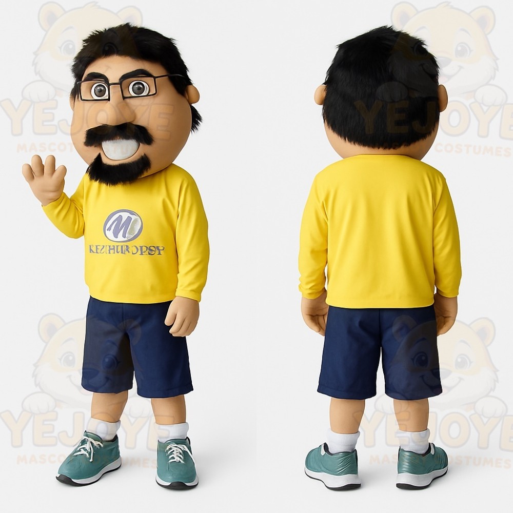 Yellow Navy Bearded Nerd Man Mascot Costume