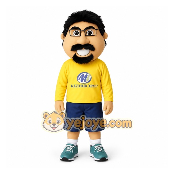 Yellow Navy Bearded Nerd Man Mascot Costume