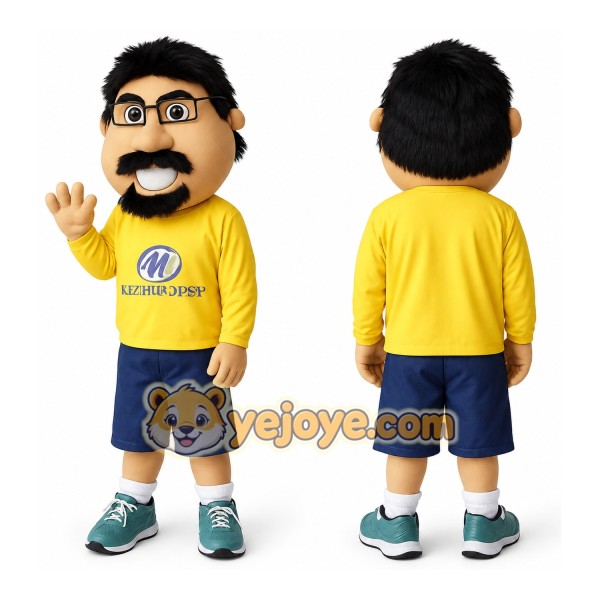 Yellow Navy Bearded Nerd Man Mascot Costume