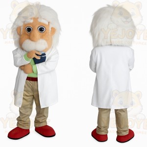 White Beige Old Scientist Mascot Costume