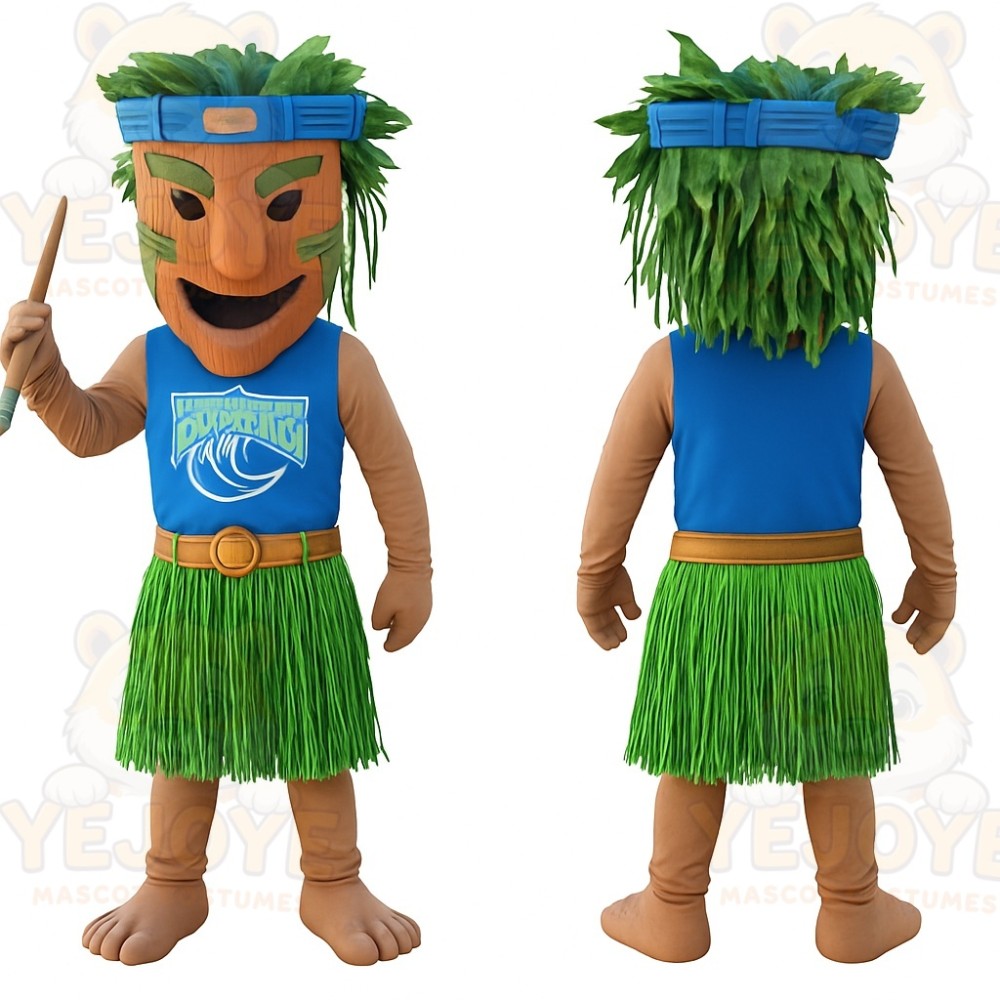 Blue Green Brown Hula Tiki Man Mascot Costume