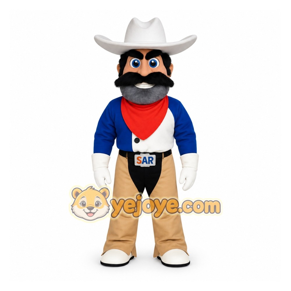Blue Tan White Mustached Cowboy Mascot Costume