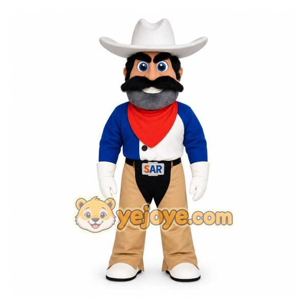 Blue Tan White Mustached Cowboy Mascot Costume