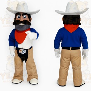 Blue Tan White Mustached Cowboy Mascot Costume