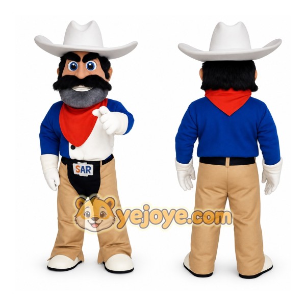 Blue Tan White Mustached Cowboy Mascot Costume