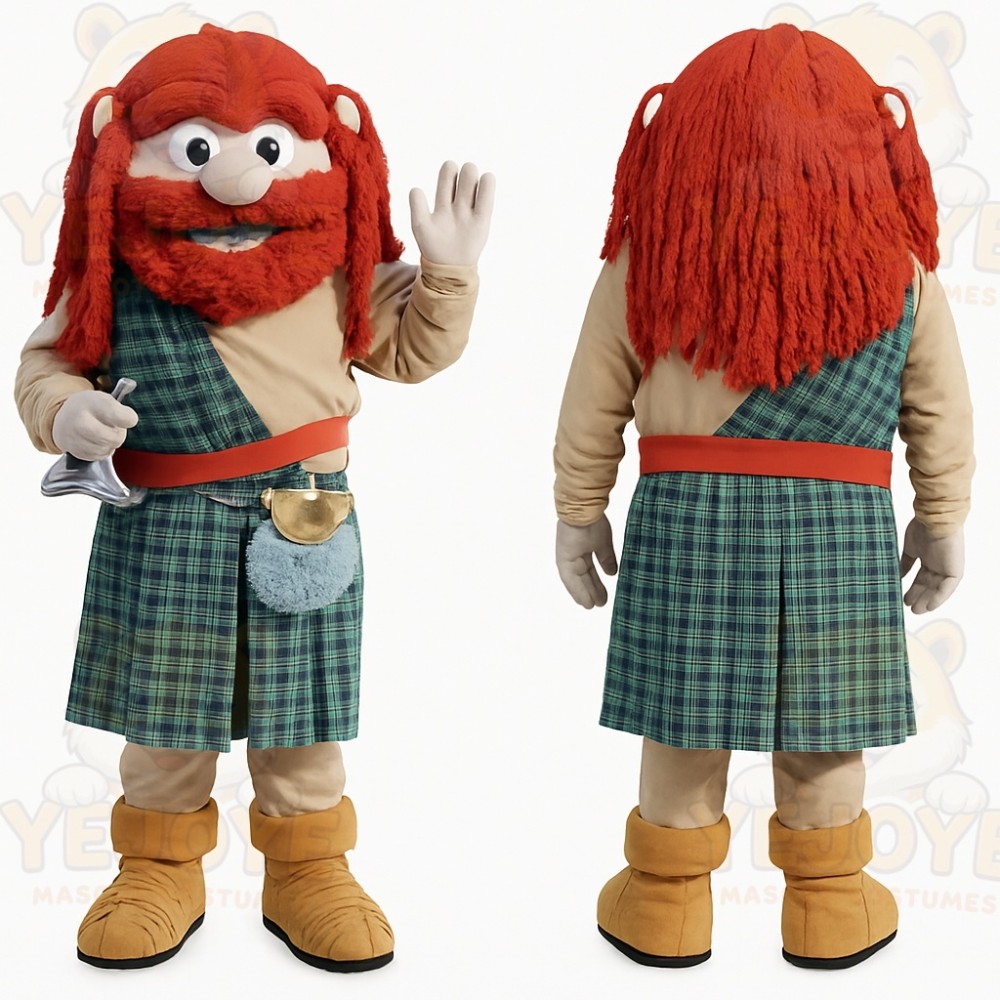 Red Hair Green Plaid Highlander Mascot Costume