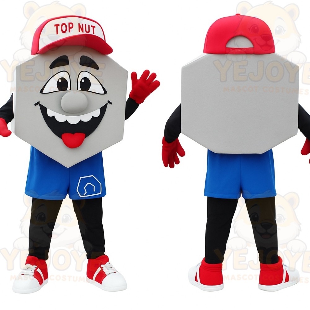 Gray Red Blue Smiling Hex Nut Mascot Costume