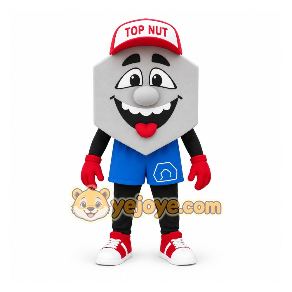 Gray Red Blue Smiling Hex Nut Mascot Costume Gray Red Blue Smiling Hex Nut Mascot Costume