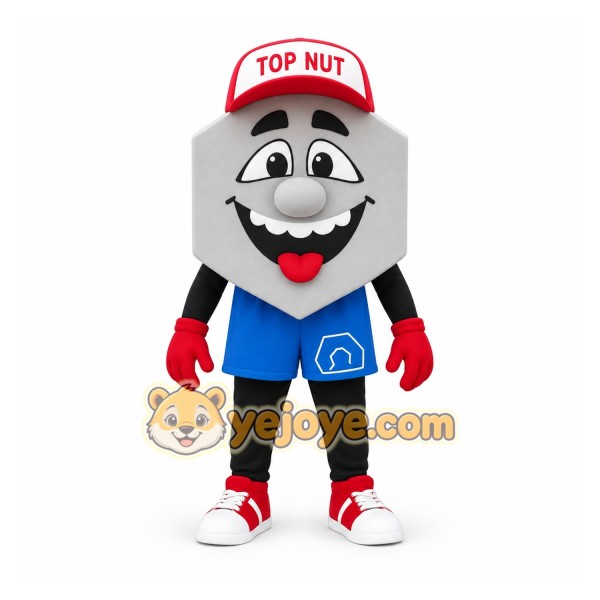 Gray Red Blue Smiling Hex Nut Mascot Costume