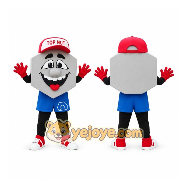 Gray Red Blue Smiling Hex Nut Mascot Costume