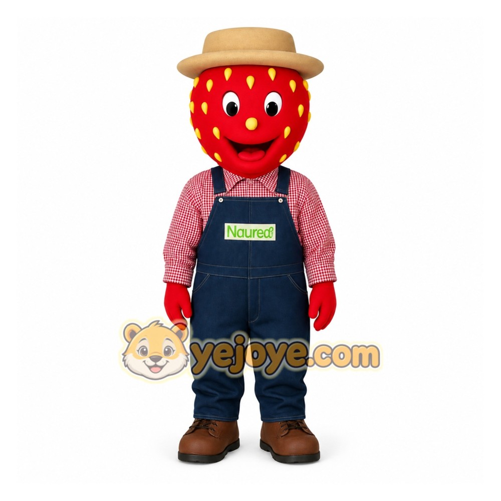 Red Tan Blue Strawberry Farmer Mascot Costume Red Tan Blue Strawberry Farmer Mascot Costume