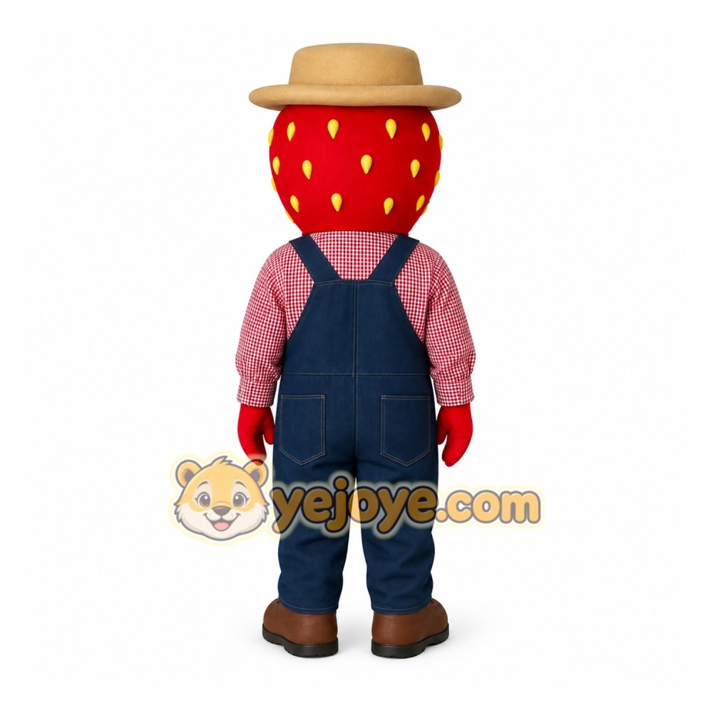 Red Tan Blue Strawberry Farmer Mascot Costume Red Tan Blue Strawberry Farmer Mascot Costume