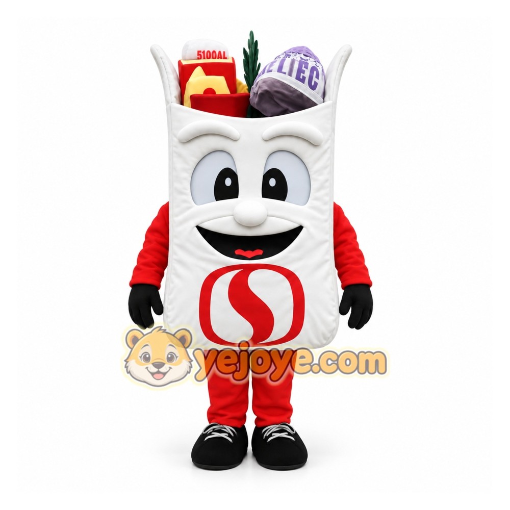 White Red Grocery Shopping Bag Mascot Costume White Red Grocery Shopping Bag Mascot Costume