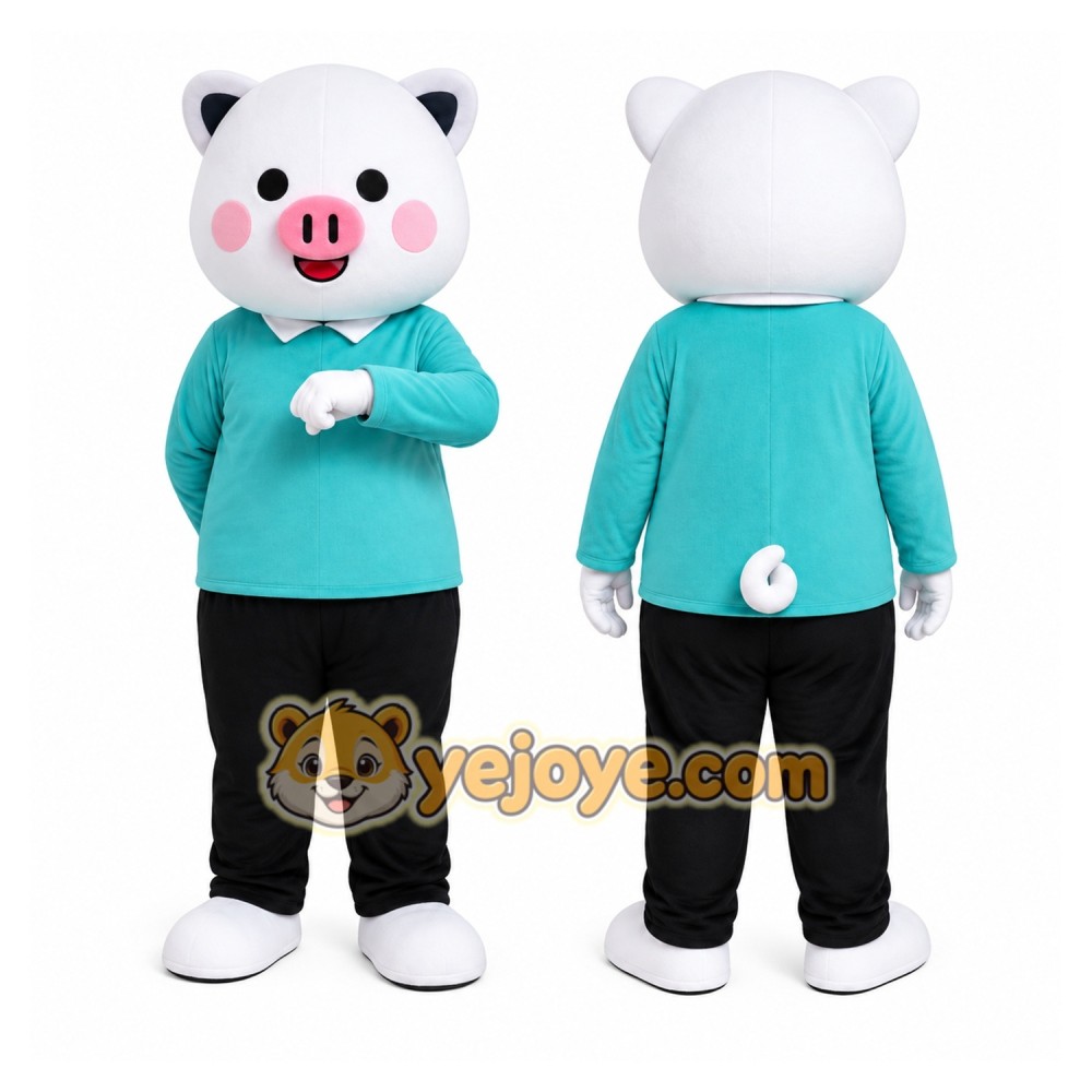 White Pig Blue Shirt Mascot Costume