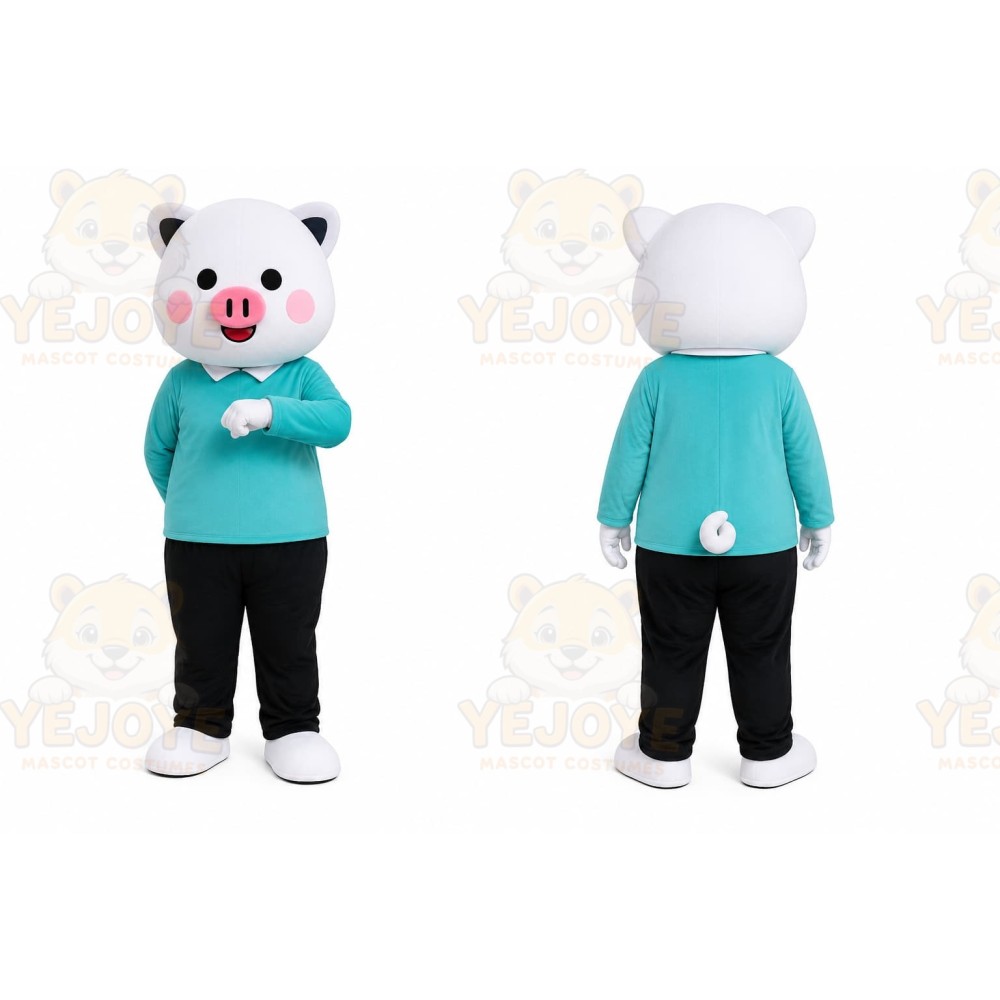 White Pig Blue Shirt Mascot Costume