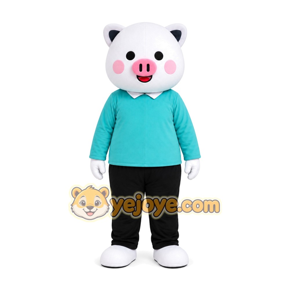 White Pig Blue Shirt Mascot Costume