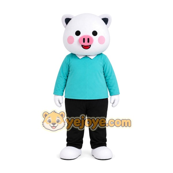 White Pig Blue Shirt Mascot Costume White Pig Blue Shirt Mascot Costume