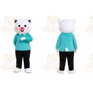 White Pig Blue Shirt Mascot Costume