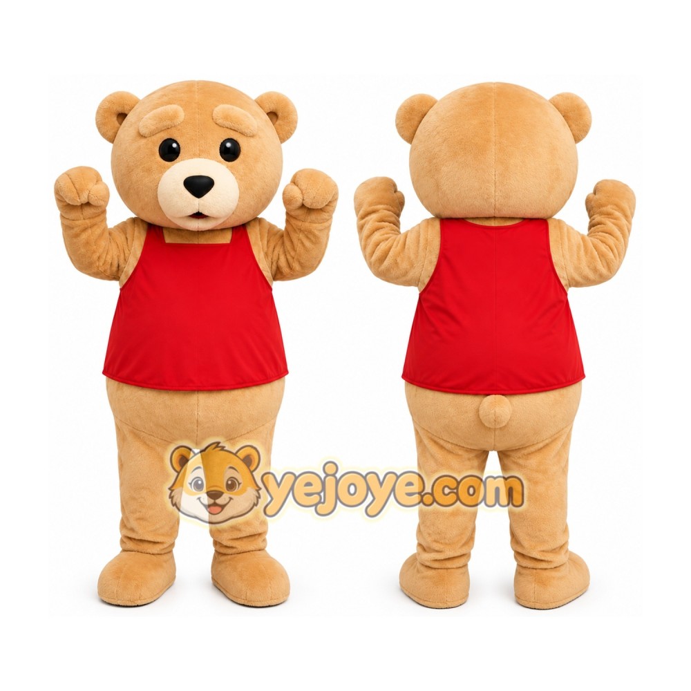 Tan Bear Red Shirt Mascot Costume