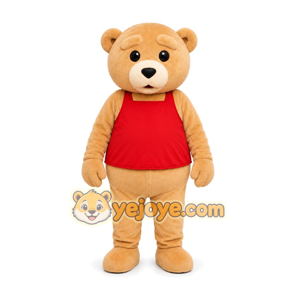 Tan Bear Red Shirt Mascot Costume