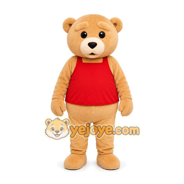 Tan Bear Red Shirt Mascot Costume