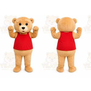 Tan Bear Red Shirt Mascot Costume