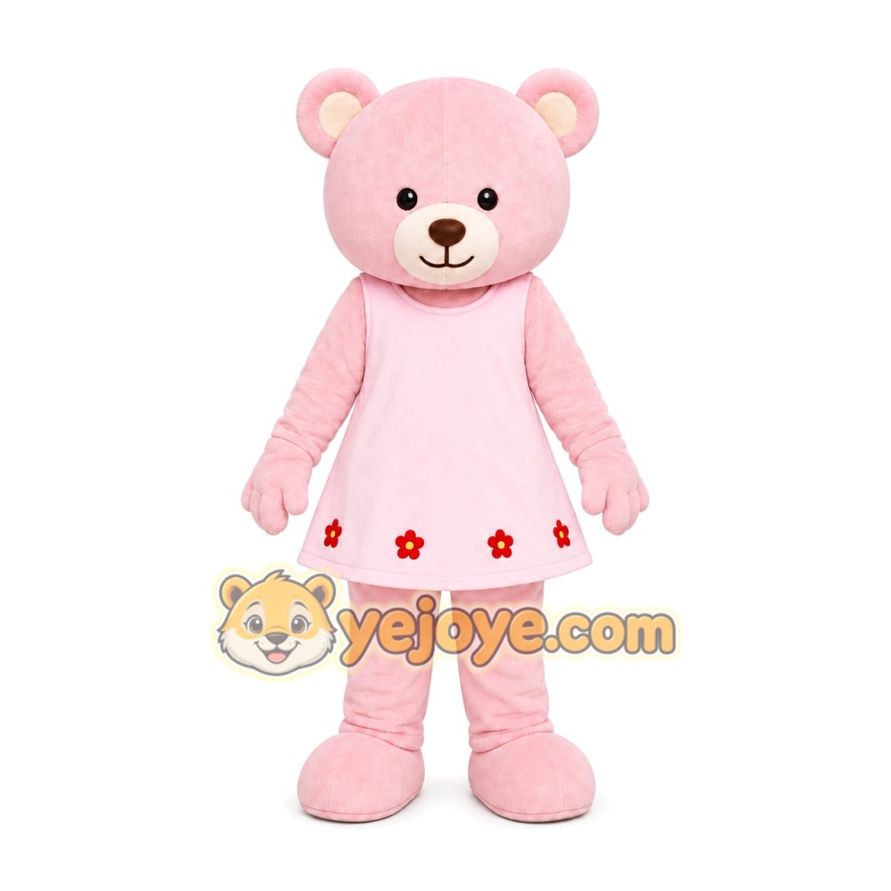 Pink Teddy Bear Dress Mascot Costume Pink Teddy Bear Dress Mascot Costume