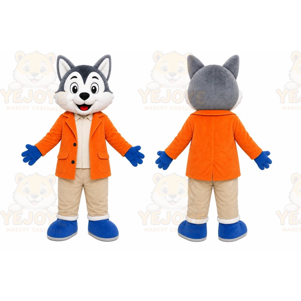 Gray Wolf Orange Coat Mascot Costume