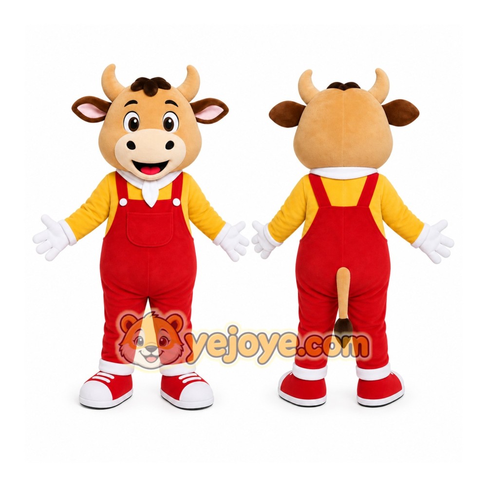 Brown Cow Overalls Mascot Costume Brown Cow Overalls Mascot Costume