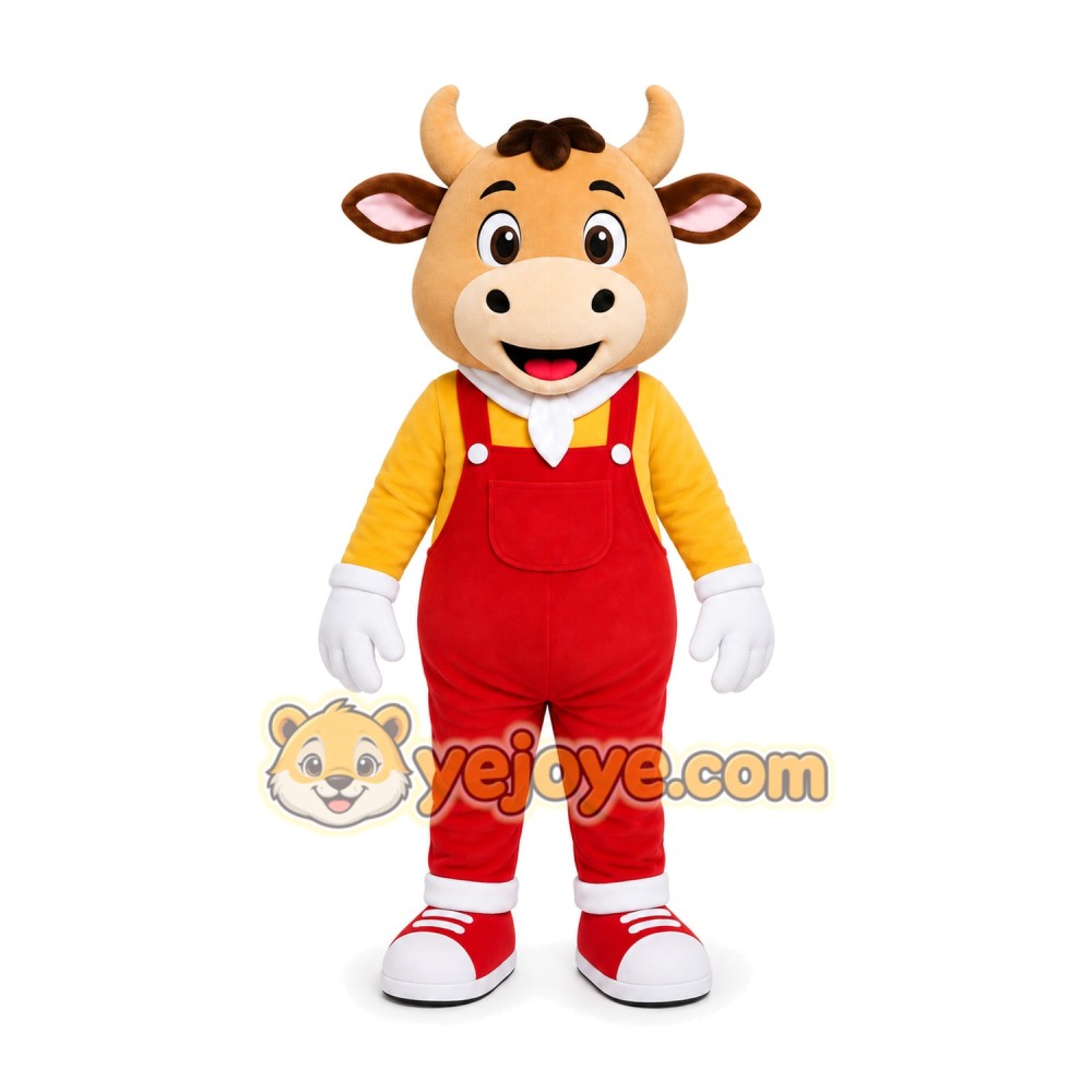 Brown Cow Overalls Mascot Costume Brown Cow Overalls Mascot Costume