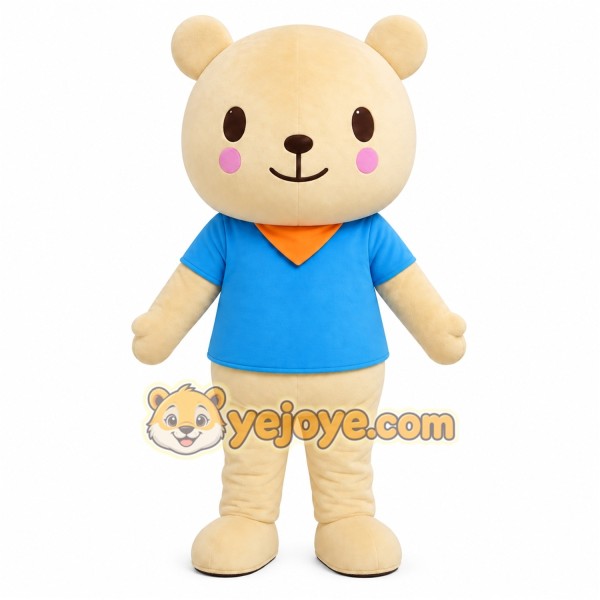 Tan Bear Blue Shirt Mascot Costume