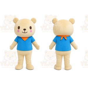 Tan Bear Blue Shirt Mascot Costume