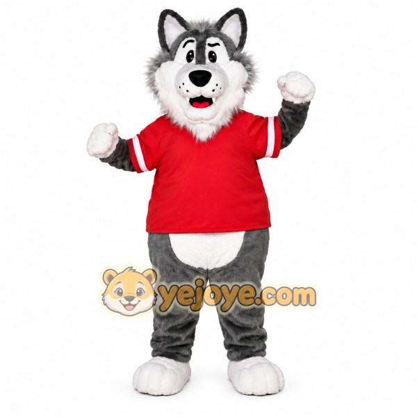 Gray Wolf Red Shirt Mascot Costume Gray Wolf Red Shirt Mascot Costume