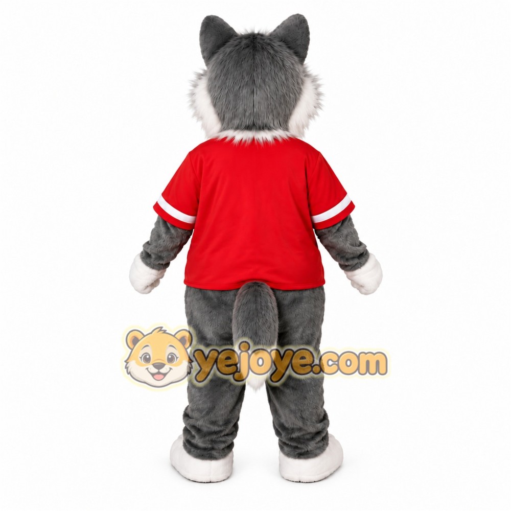 Gray Wolf Red Shirt Mascot Costume Gray Wolf Red Shirt Mascot Costume