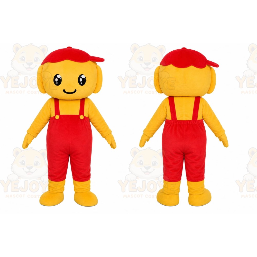 Red Overalls Boy Mascot Costume