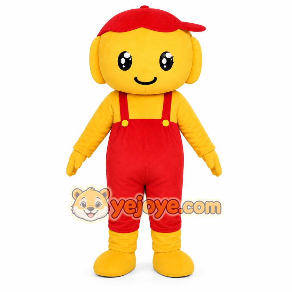 Red Overalls Boy Mascot Costume